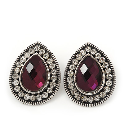 Burn Silver Purple Jewelled Teardrop Stud Earrings - 3cm Length