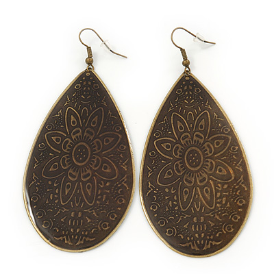 Long Dark Olive Enamel Teardrop Earrings In Bronze Metal - 9.5cm Length - main view