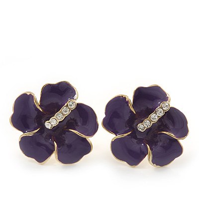 Deep Purple Enamel Diamante 'Daisy' Stud Earrings In Gold Plating - 2cm Diameter