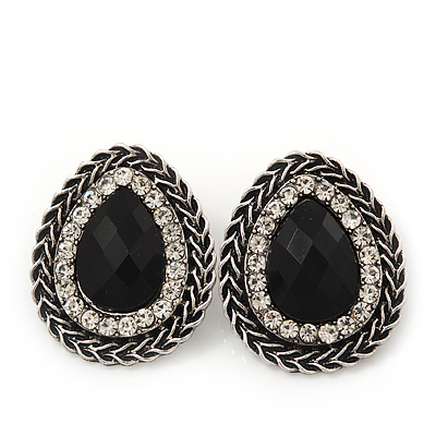 Burn Silver Black Jewelled Teardrop Stud Earrings - 3cm Length - main view