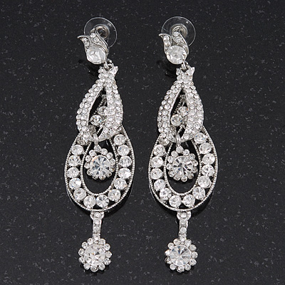 Rhodium Plated Crystal 'Let Me Count the Ways' Chandelier Earrings - 8.5cm Lenth
