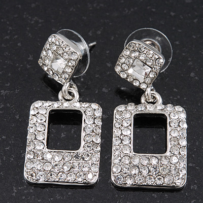 Rhodium Plated Square Drop Clear Crystal Earrings - 3.5cm