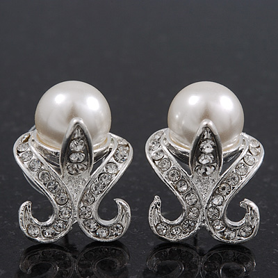 Bridal Diamante White Faux Pearl Stud Earrings In Rhodium Plating - 2cm Length