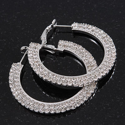 2-Row Crystal Flat Hoop Earrings In Rhodium Plating - 4.5cm in Diameter - main view