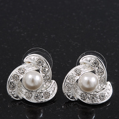 Bridal Crystal/Simulated Pearl Stud Earrings In Rhodium Plating - 18mm Diameter