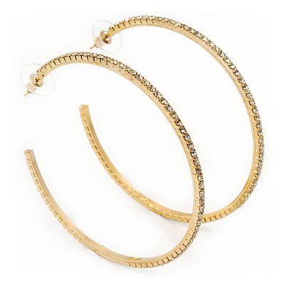 Large Slim Crystal Hoop Earrings In Gold Plating - 7cm Diameter