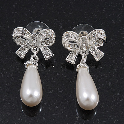 Classic Diamante Imitation Pearl 'Bow' Drop Earrings In Silver Plating - 4cm Length - main view