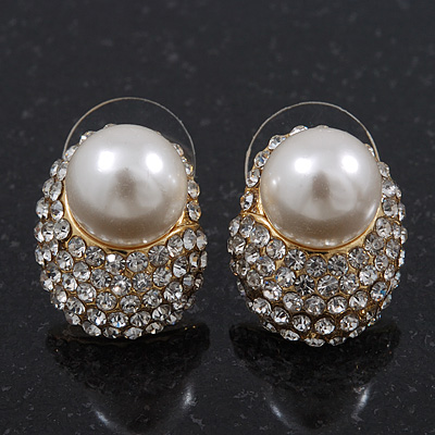 Gold Plated Swarovski Crystal Simulated Pearl Stud Earrings - 18mm Length - main view