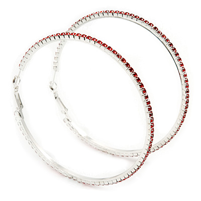 Oversized Slim Red Crystal Hoop Earrings In Rhodium Plating - 7cm Diameter - main view