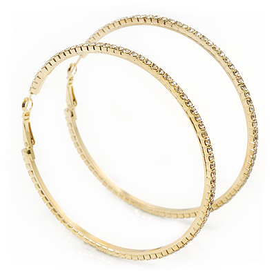 Large Slim Austrian Crystal Hoop Earrings In Gold Plating - 7cm D - main view
