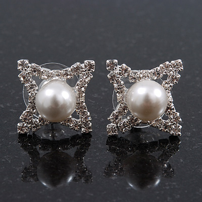 Clear Diamante White Simulated Pearl 'Star' Stud Earrings In Rhodium Plating - 15mm Diameter