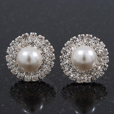 Round Classic Diamante Simulated Pearl Stud Earrings In Rhodium Plating - 15mm Diameter - main view