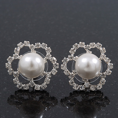 Clear Diamante Simulated Pearl 'Flower' Stud Earrings In Rhodium Plating - 2cm Diameter