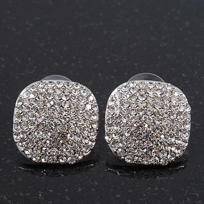 Clear Crystal Square Stud Earrings In Rhodium Plating - 2cm Diameter