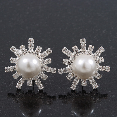 Clear Diamante Simulated Pearl 'Star' Stud Earrings In Rhodium Plating - 2cm Diameter