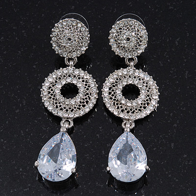 Bridal Clear Swarovski Crystal and CZ Chandelier Earrings In Silver Plating - 60mm Length - main view