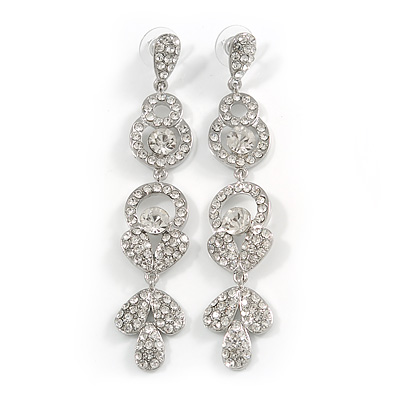 Long Luxury Clear Crystal Drop Earrings In Rhodium Plating - Length 9cm