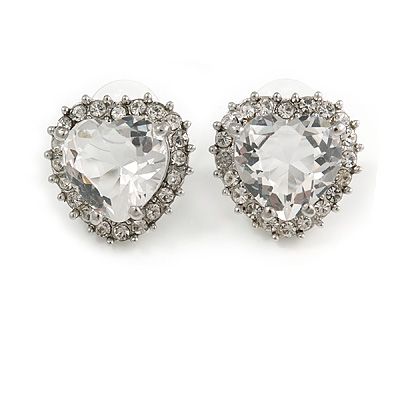 Clear CZ Crystal 'Heart' Stud Earrings In Rhodium Plating - 20mm Length - main view