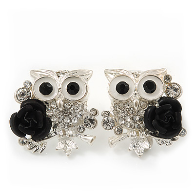 'Wise Owl With Rose' Crystal Paved Stud Earrings In Rhodium Plating - 2cm Length