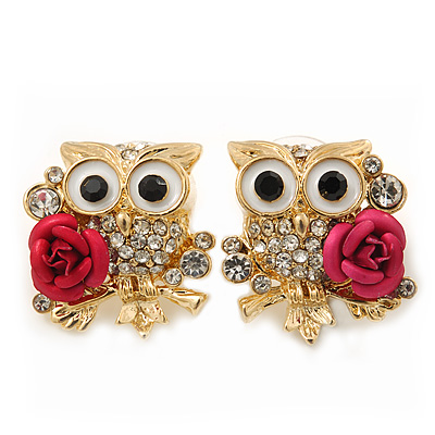 'Wise Owl With Rose' Crystal Paved Stud Earrings In Gold Plating - 2cm Length - main view