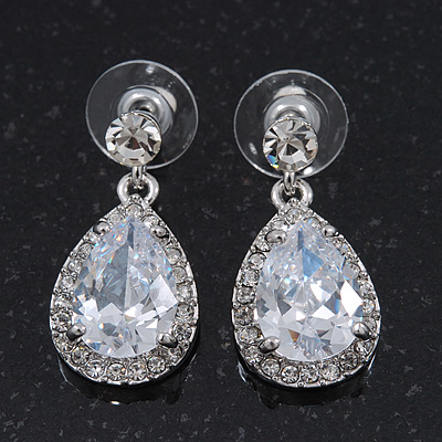 Bridal Clear Glass Crystal Teardrop Earrings In Rhodium Plating - 27mm Length - main view