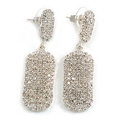 Bridal Pave-Set Clear Crystal Oval Drop Earrings In Rhodium Plating - 5cm Length