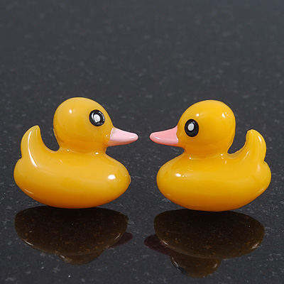 Cute Yellow Resin 'Duck' Stud Earrings In Silver Plating - 2cm Length