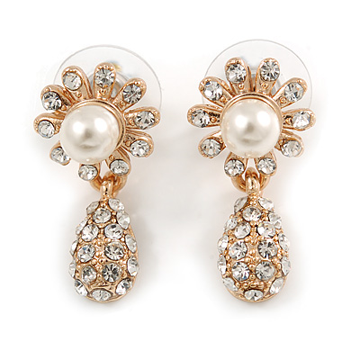 Clear Diamante Simulated Pearl 'Flower' Drop Earrings In Gold Plating - 2cm Length - main view