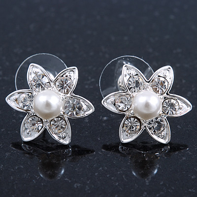 Teen Small Crystal, Simulated Pearl 'Flower' Stud Earrings In Rhodium Plating - 17mm Diameter