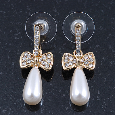 Delicate Teen Crystal, Simulated Pearl 'Bow' Stud Earrings In Gold Plating - 3cm Length