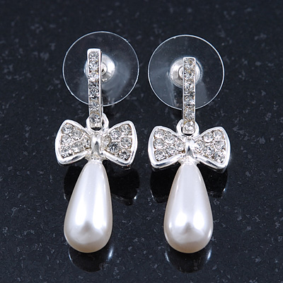 Delicate Teen Crystal, Simulated Pearl 'Bow' Stud Earrings In Rhodium Plating - 3cm Length