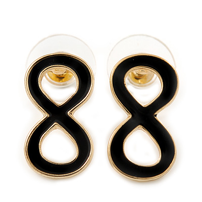 Small Black Enamel 'Infinity' Stud Earrings In Gold Plating - 20mm Length