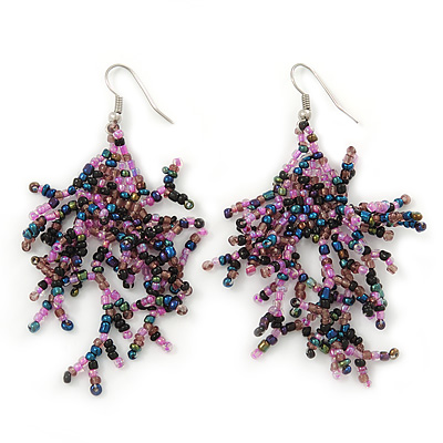 Boho Pink/Peacock Glass Bead Drop Earrings In Silver Plating - 7cm Length