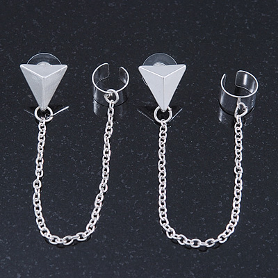 Two Piece Triangular Stud & Chain Ear Cuff In Silver Plating - main view