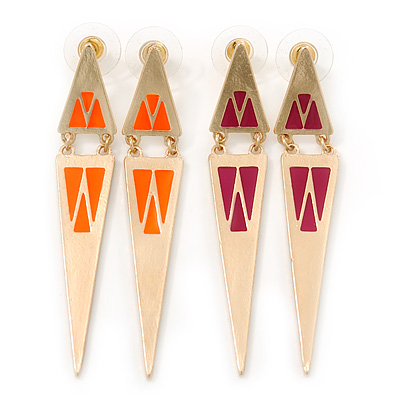 Two Pairs Orange/ Magenta Enamel Triangle Earring Set In Gold Plating - 7cm Length