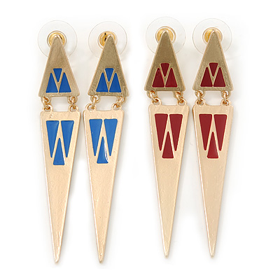 Two Pairs Blue/ Red Enamel Triangle Earring Set In Gold Plating - 7cm Length - main view