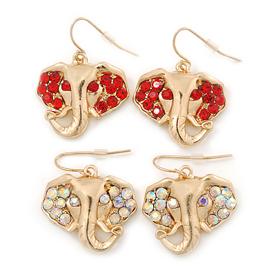 Gold Plated AB & Red Crystal Elephant Earrings - 2 Pc Set - 33mm Length - main view