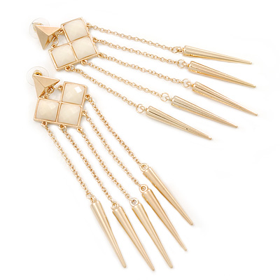 Long Milky White Acrylic Bead Spike Dangle Earrings In Gold Plating - 12cm Length - main view