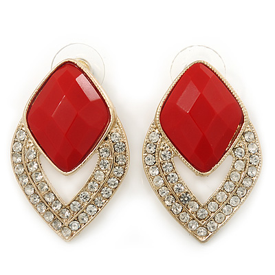 Diamante Red Acrylic Bead Diamond Shape Stud Earrings In Gold Plating - 37mm Length