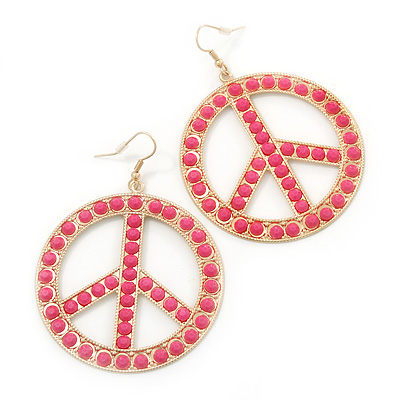 Round Pink Bead 'Peace' Drop Earrings In Gold Plating - 55mm In Diameter