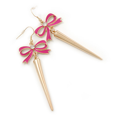 Long Spiky Earrings With Deep Pink Crystal Bow In Gold Plating - 8.5cm Length