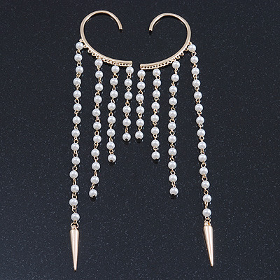One Pair Long Dangle Cream Faux Pearl Bead Hook Cuff Earring In Gold Plating - 16cm Length