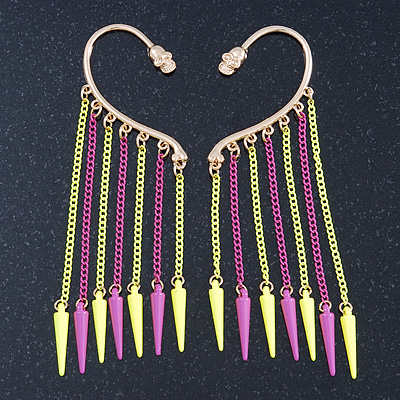 One Pair Dangle Neon PInk/ Neon Yellow Spike Hook Cuff Earring In Gold Plating - 6.5cm Length - main view