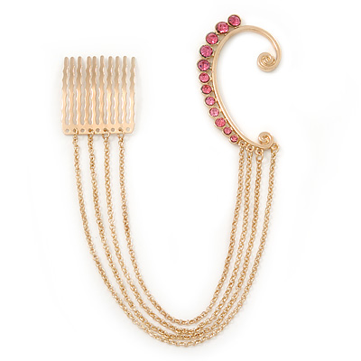 1 Pc Pink Crystal Ear Cuff With Comb In Gold Plating - Only For The Right Ear