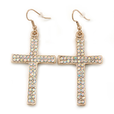 Pave-Set AB Crystal 'Cross' Drop Earrings In Gold Plating - 63mm Length
