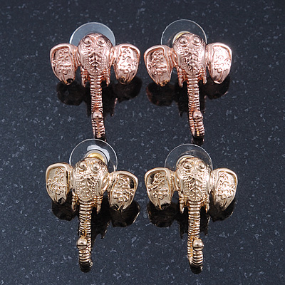 Textured Elephant Stud Earrings In Gold & Rose Tone Metal - 2 Pc Set - 26mm Length