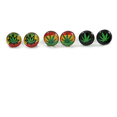 7mm Set of 3 Tiny Marijuana Leaf Rasta Colours Stud Earrings In Silver Tone
