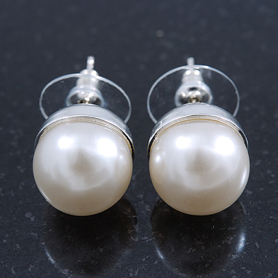 Classic White Faux Pearl Stud Earrings In Rhodium Plating - 10mm Diameter - main view