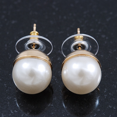 Classic White Faux Pearl Stud Earrings In Gold Tone Plating - 10mm Diameter - main view