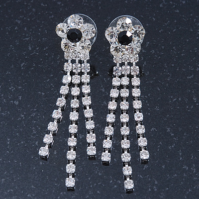 Prom Clear Crystal Daisy With Tassel Dangle Earrings In Rhodium Plating - 60mm Length